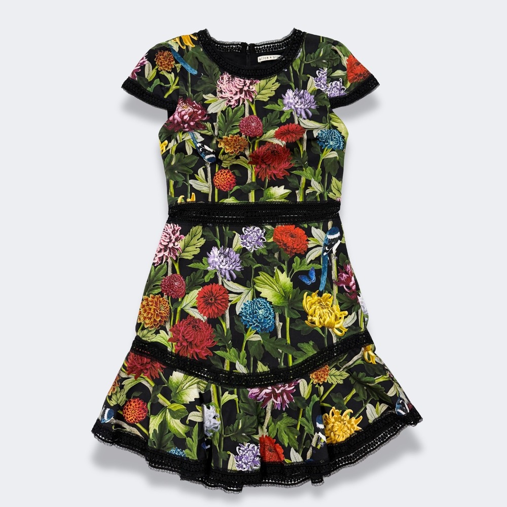 Alice + Olivia Rapunzel Dress Blooming Garden Floral Black Lace Trim Size 6
